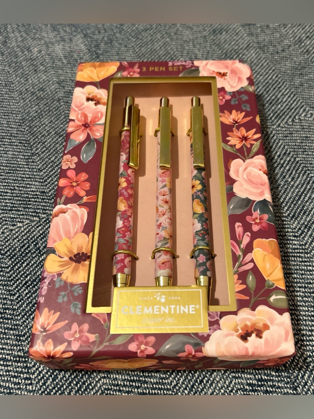 Clementine Floral 3 Pen Set With Gold Like Accents Black Ink #920032 2025 NIB